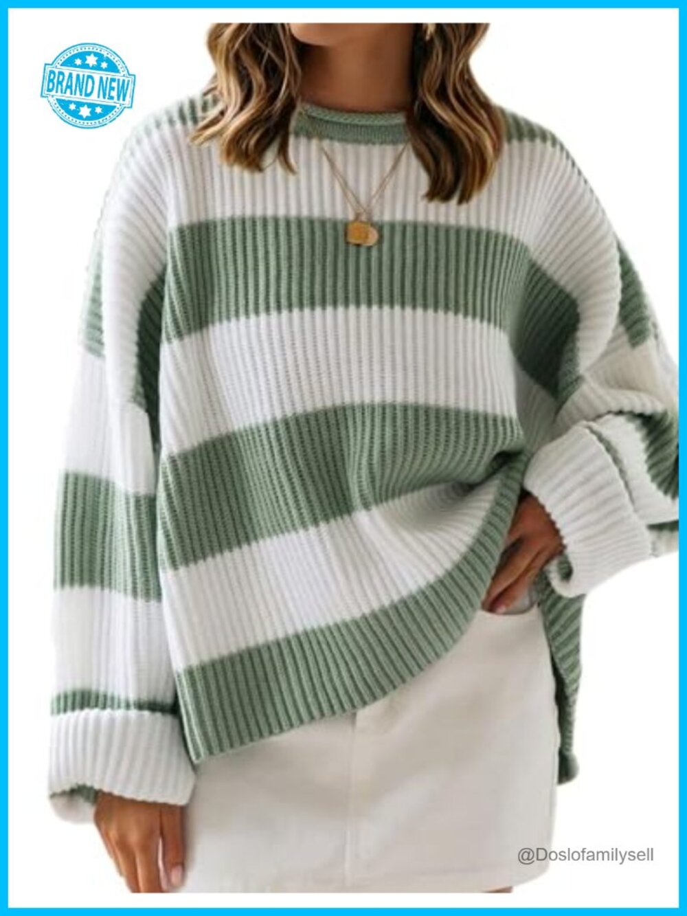 Women's Striped Cable Knit Pullover Sweater Crew Neck Long Sleeve Loose Fit